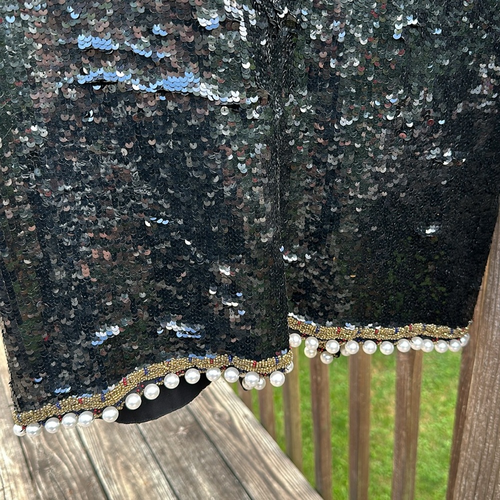 Oleg Cassini Black Tie Vtg Sequin Beaded Luxury Jacket Pearl Details. XL - Picture 12 of 13